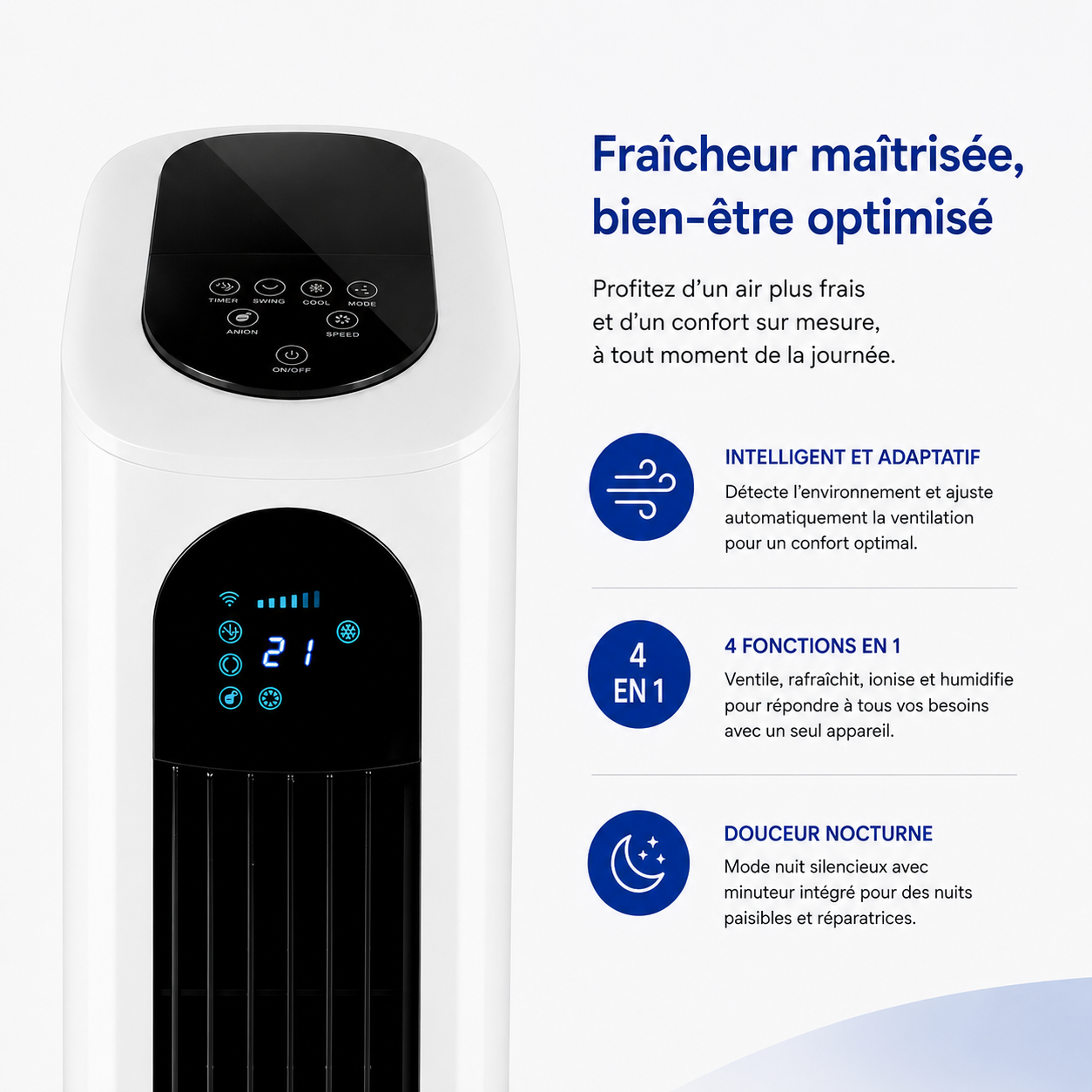 Elomaz Rafraîchisseur d’Air Colonne 4-en-1 Silencieux avec Télécommande et Réservoir 7L