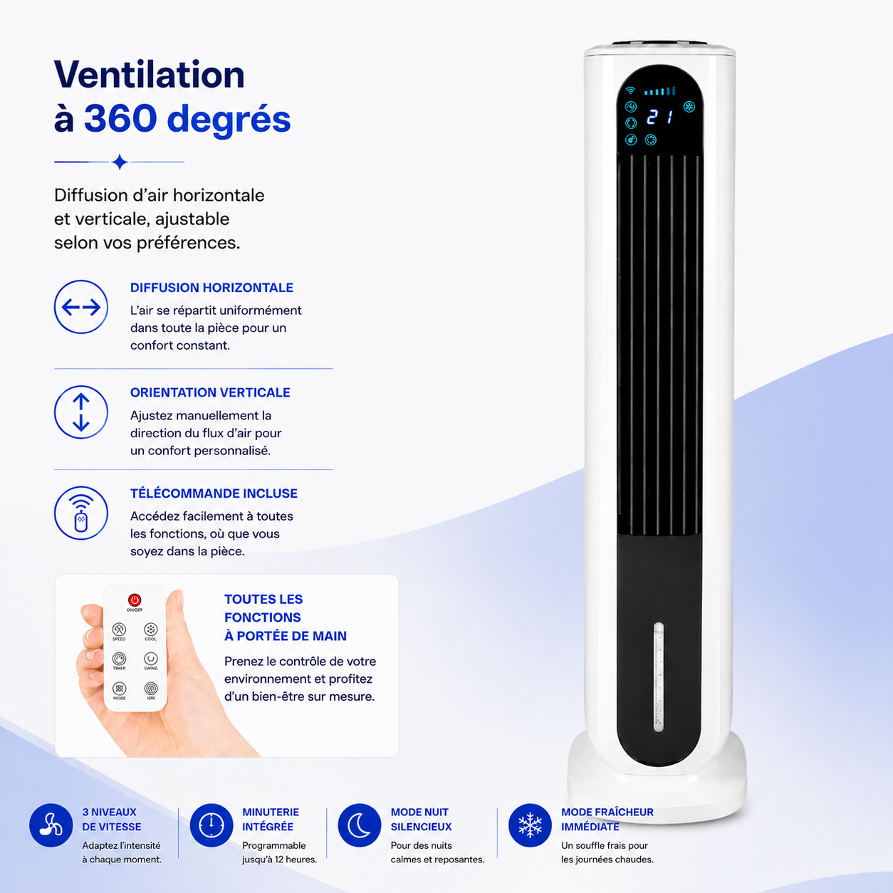 Elomaz Rafraîchisseur d’Air Colonne 4-en-1 Silencieux avec Télécommande et Réservoir 7L