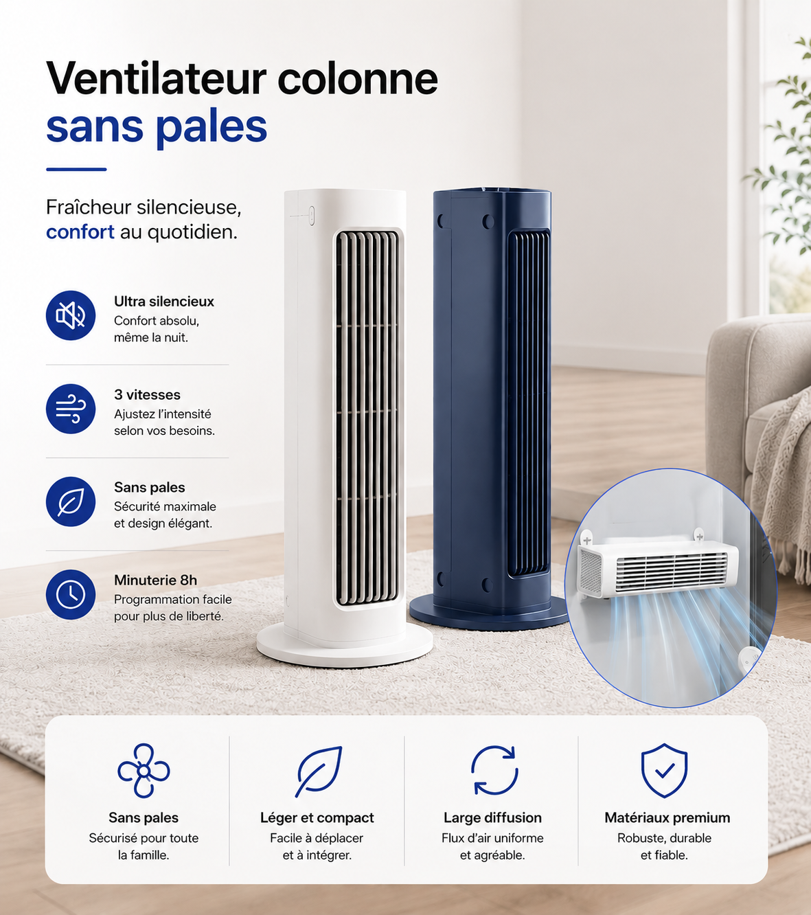 Elomaz Ventilateur Sans Pales Portable Rechargeable Silencieux